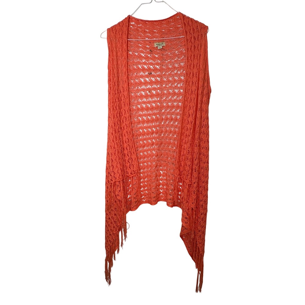 One World Crochet Fringe Vest Large Orange Boho Open Front Layering